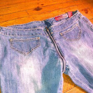 Lazer Naughty Zipper Distressed Flare Denim Jeans